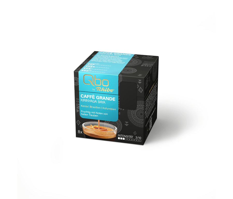 Emballage noir et turquoise de capsules de café Qbo by Tchibo Caffè Grande Kirinyaga Baya, 8 capsules, intensité 3/10, fruité avec des notes de raisins clairs, du Kenya, du Brésil et de Colombie.