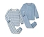 Deux pyjamas en nicky bleus pour enfant. L'un est rayé bleu et blanc, l'autre bleu clair à motifs d'étoiles blanches.
