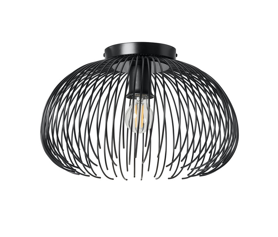 Plafonnier noir avec un abat-jour en cage métallique en forme de dôme aplati. Une ampoule de style Edison est visible à l'intérieur.