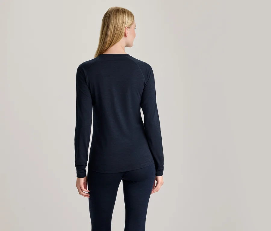 Femme aux cheveux blonds vue de dos, portant un haut à manches longues bleu foncé et un legging assorti.