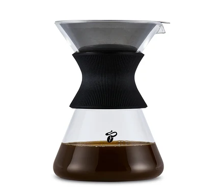 Une carafe en verre BEEM Pour Over, 0,75 l avec filtre et café.