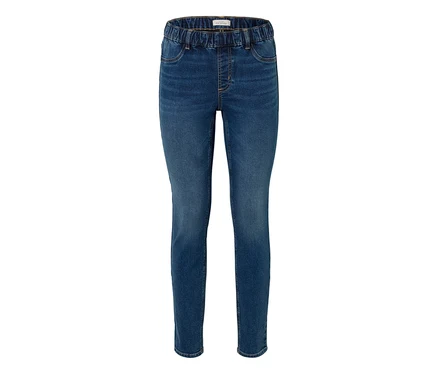 Jean slim bleu avec taille élastiquée et poches avant, orné d'une étiquette "MY STYLE".