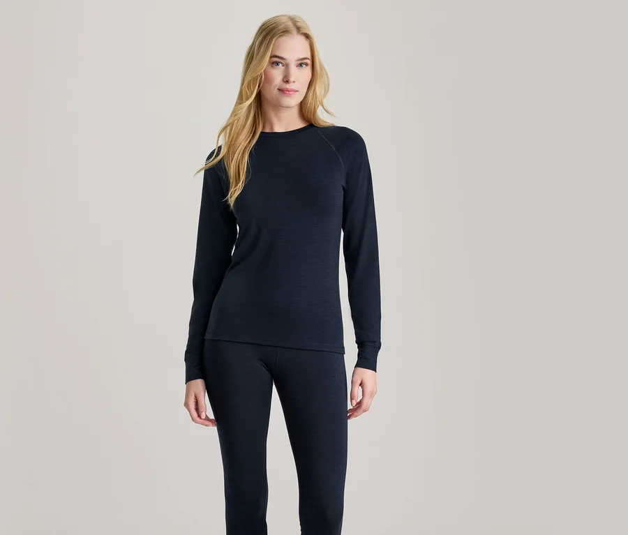 Femme blonde debout, portant un haut à manches longues bleu foncé et un legging bleu foncé assorti, regardant devant elle.