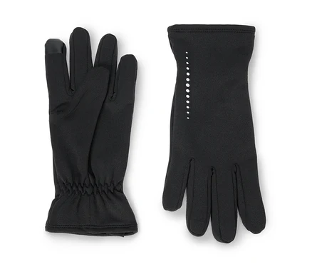 Deux gants noirs sont présentés sur un fond blanc. Le gant gauche a un poignet froncé et un bout de doigt compatible avec les écrans tactiles. Le gant droit a une manchette lisse avec une ligne verticale de points blancs.