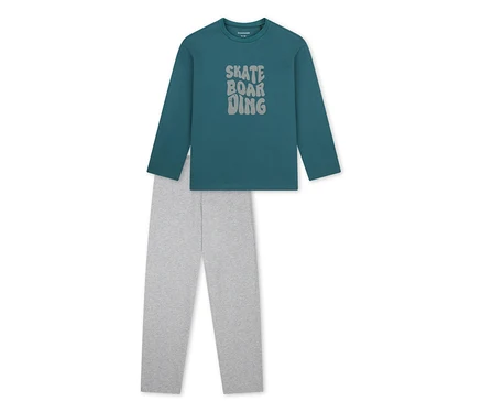 Pyjama enfant SCHIESSER «Skate»: haut à manches longues turquoise avec inscription «SKATE BOARDING» et pantalon long gris clair.