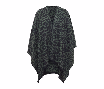 Poncho CECIL vert foncé avec motif léopard noir, col en V et franges.