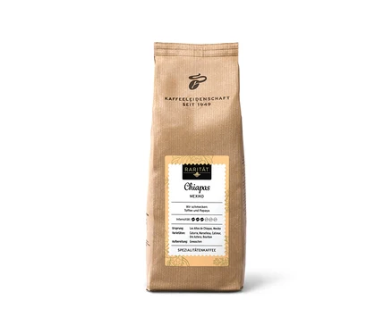 Sachet de café brun « Café d’exception Chiapas Mexiko » – 500 g en grains, avec une étiquette jaune indiquant les notes de goût et l'intensité.