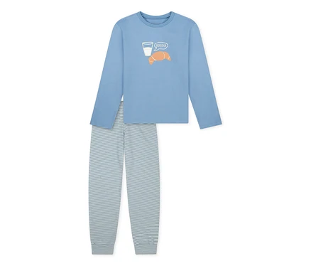 Pyjama enfant bleu clair avec un haut à manches longues et un pantalon rayé. Le haut présente un verre de lait, un croissant et l'inscription "BONJOUR".