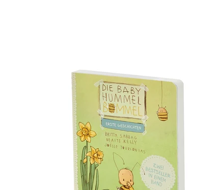 Illustration du livre « Baby Hummel Bommel – erste Geschichten » : en haut, un livre fermé, en bas, un livre ouvert avec une illustration de brossage de dents.