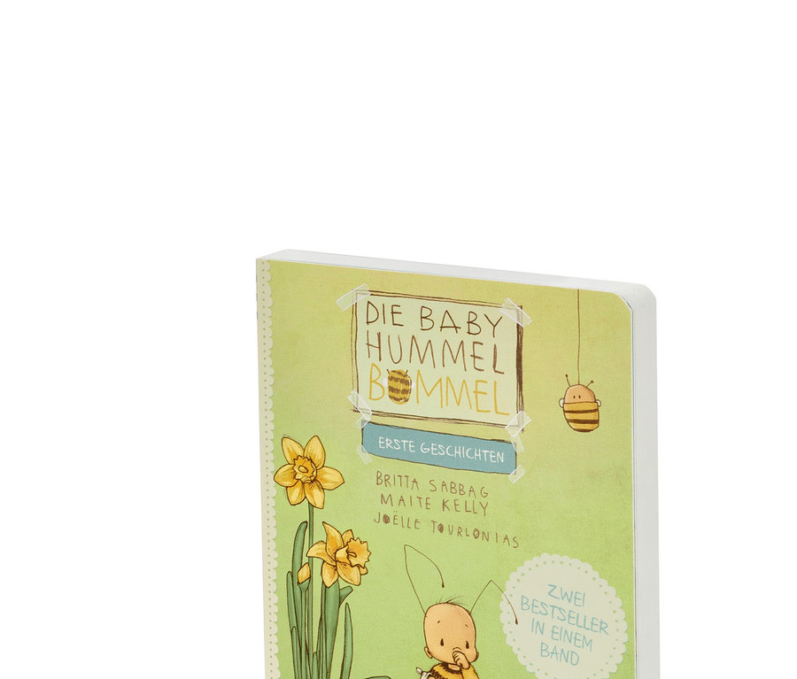 Illustration du livre « Baby Hummel Bommel – erste Geschichten » : en haut, un livre fermé, en bas, un livre ouvert avec une illustration de brossage de dents.