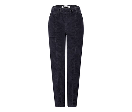 Pantalon en velours côtelé Street One bleu foncé avec taille haute élastique, deux boutons et poches avant.