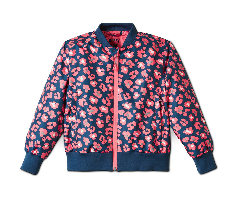 Veste pour tous les temps de style bomber bleu marine avec motif léopard rose.