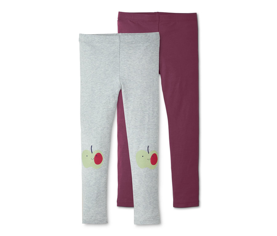 Deux leggings, un legging gris avec une application de pomme et un legging bordeaux.