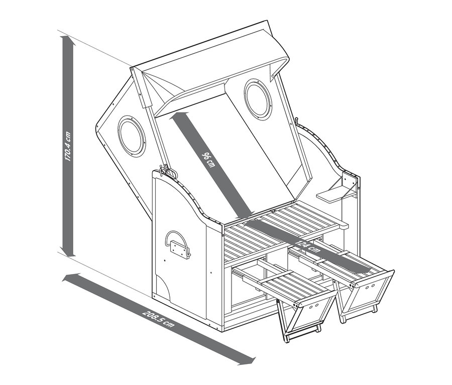 Schéma d'une corbeille de plage premium XL avec table rabattable, avec les dimensions indiquées.