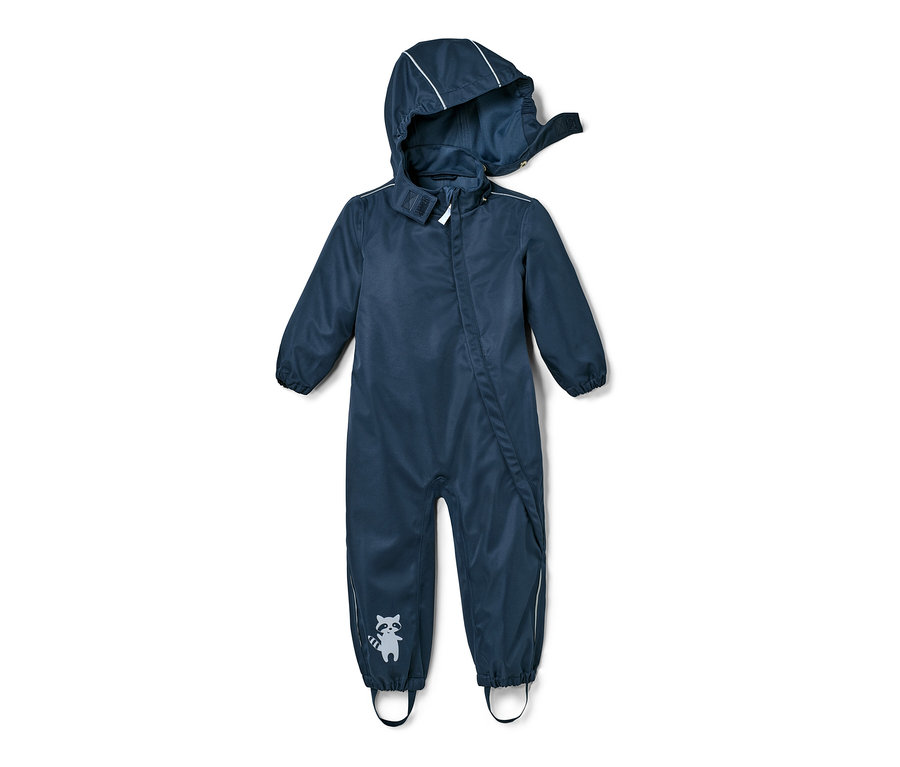 Combinaison de pluie bleu marine avec capuche et motif raton laveur sur la jambe.