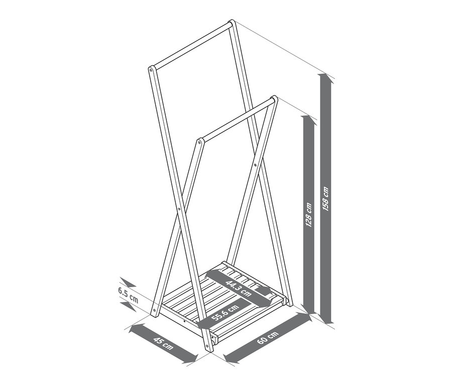 Schéma d'un portant à vêtements pliant avec dimensions indiquées.
