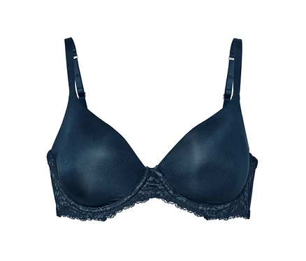 Soutien-gorge à coques bleu foncé à mémoire de forme sur fond blanc.