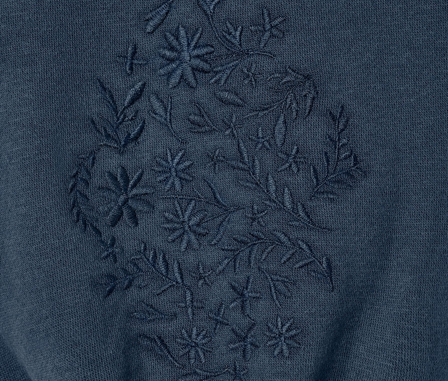 Gros plan sur un sweat-shirt de grossesse et d'allaitement avec des broderies florales.