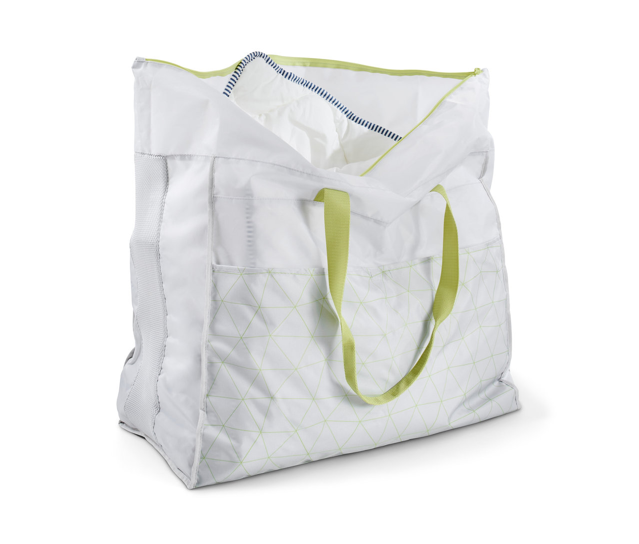 Sac à literie jumbo ouvert, blanc avec motif géométrique et poignées vertes.
