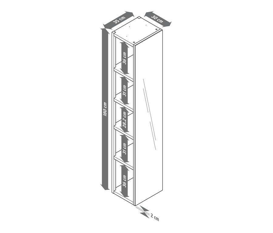 Schéma d'une armoire avec cinq étagères, les dimensions sont indiquées en centimètres.