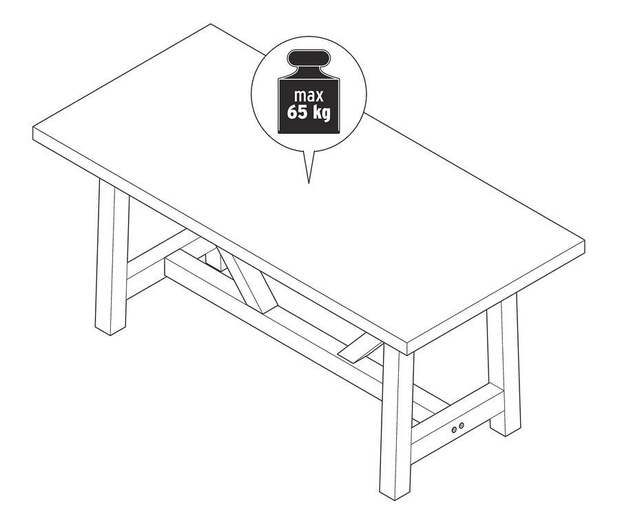 Schéma d'une table à manger avec une capacité de charge maximale de 65 kg.