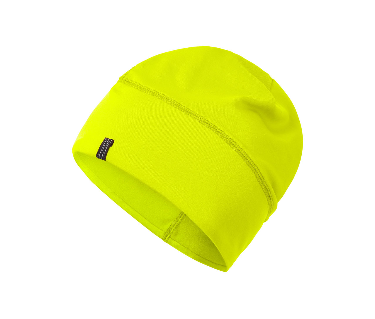 Un bonnet thermique jaune fluo sur fond blanc.