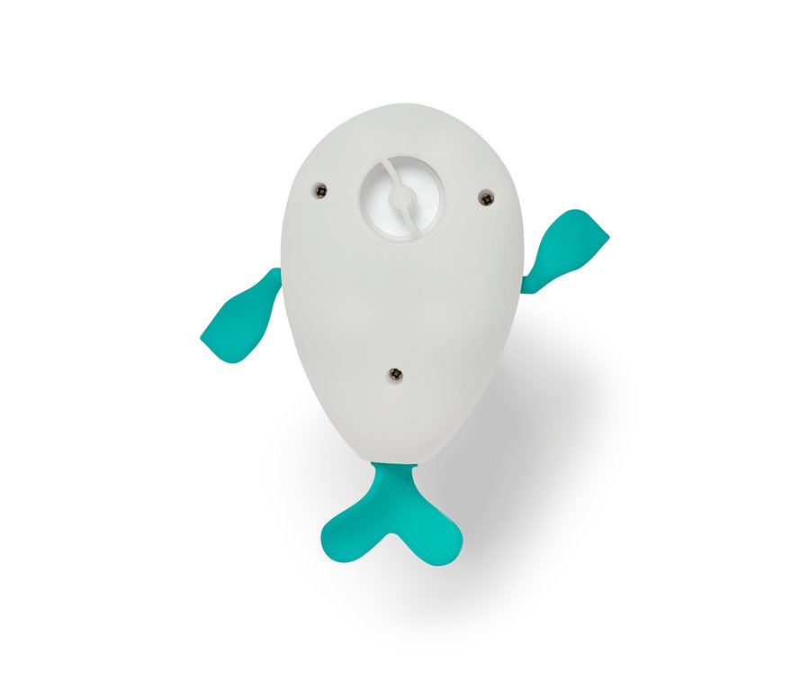 Jouet de bain Baleine à remonter blanche avec des nageoires et une queue bleues.