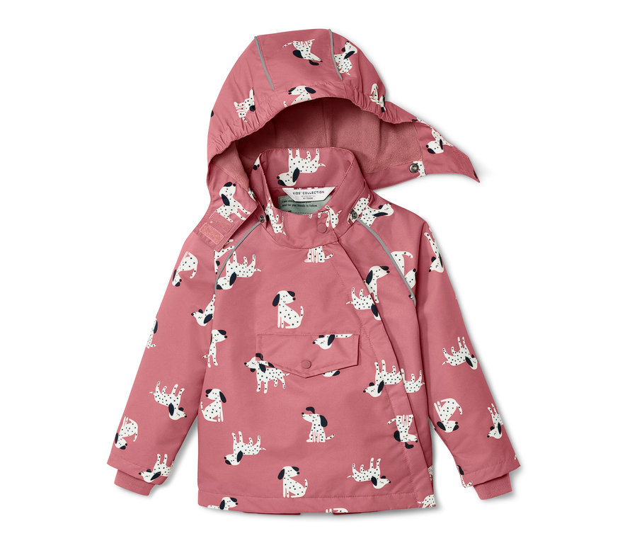 Veste de pluie thermique rose pour enfant avec motif dalmatien.