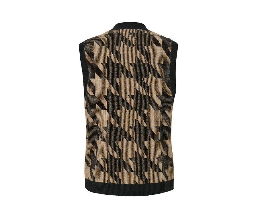 Vue arrière d'une veste sans manches en maille à jacquard pied-de-poule.