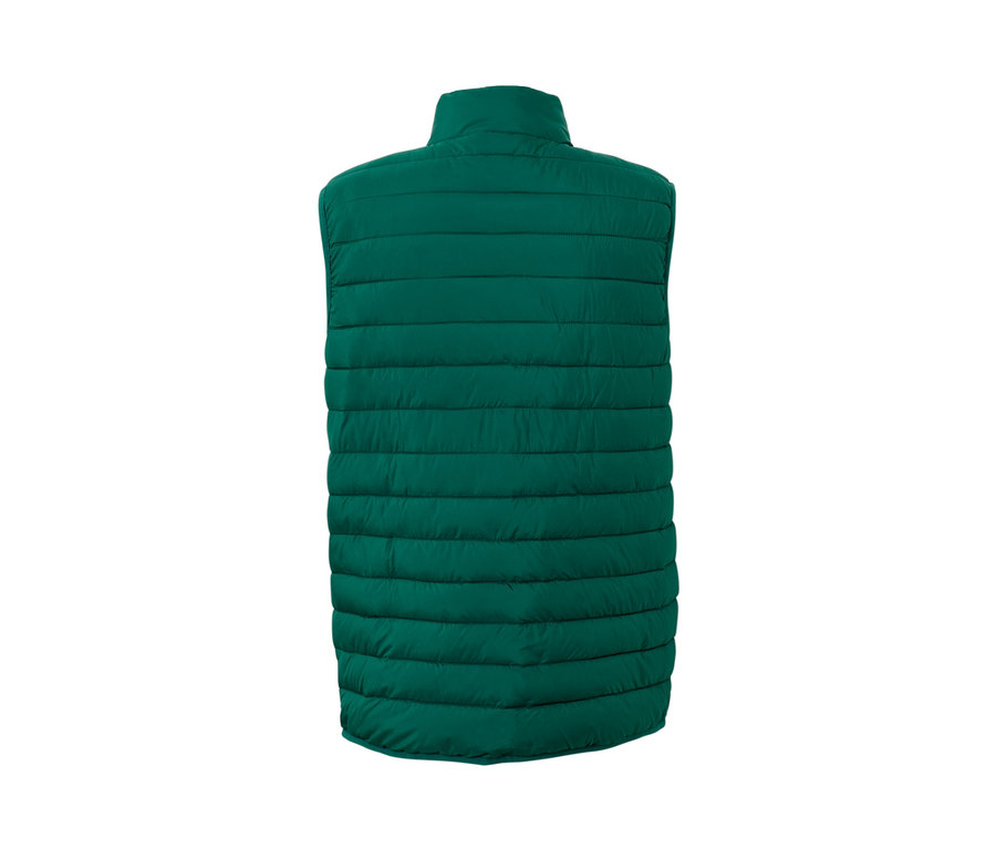 Vue détaillée de l'arrière d'un gilet sans manches matelassé vert.