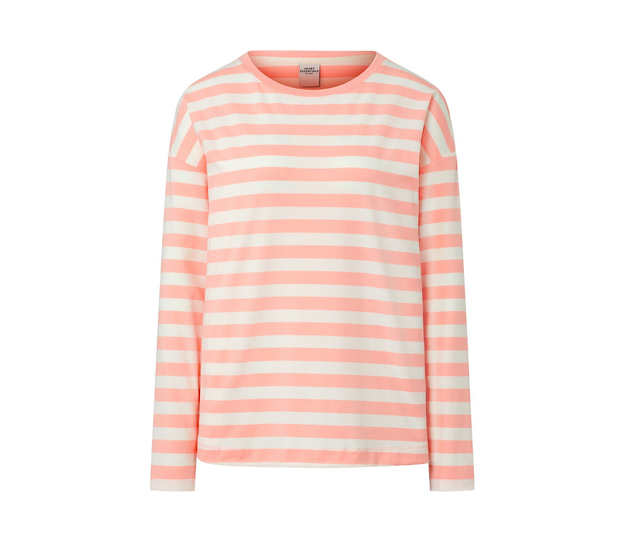 T-shirt fonctionnel à manches longues avec rayures horizontales roses et blanches.
