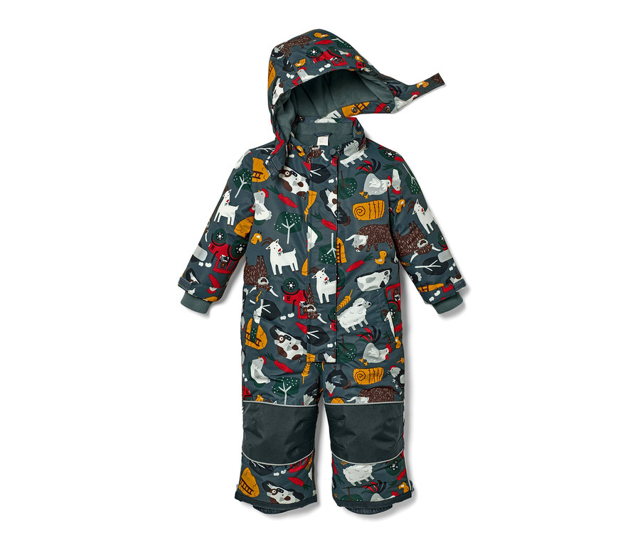 Combinaison de neige pour tout-petit avec imprimé intégral motif ferme. La combinaison est gris foncé et possède une capuche.