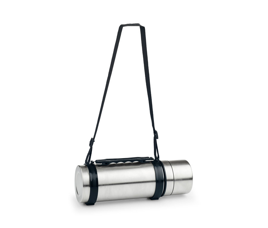 Une gourde thermique avec 2 gobelets et une bandoulière noire.