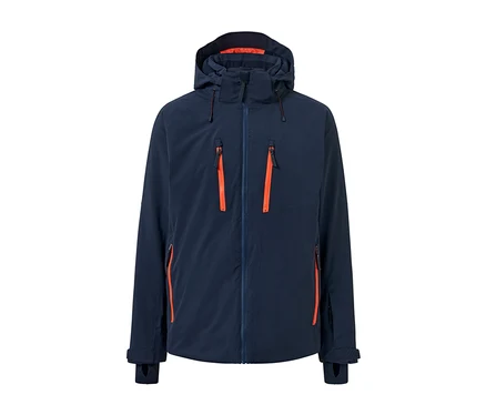 Veste de ski high-tech bleu marine avec fermetures éclair orange.