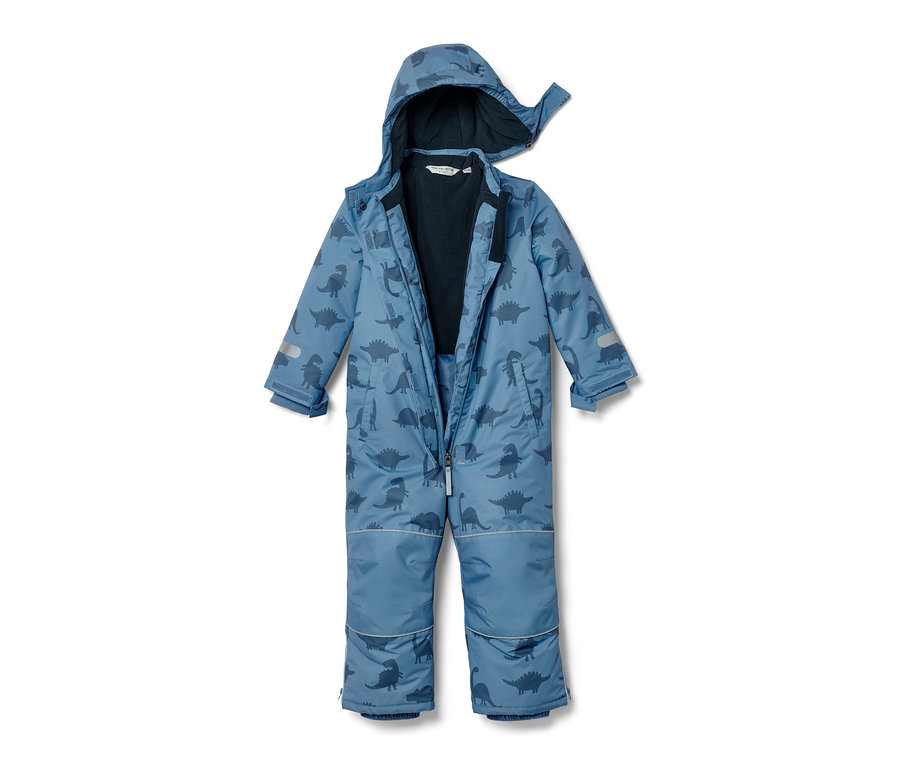 Combinaison de ski bleue pour enfant avec des dinosaures.