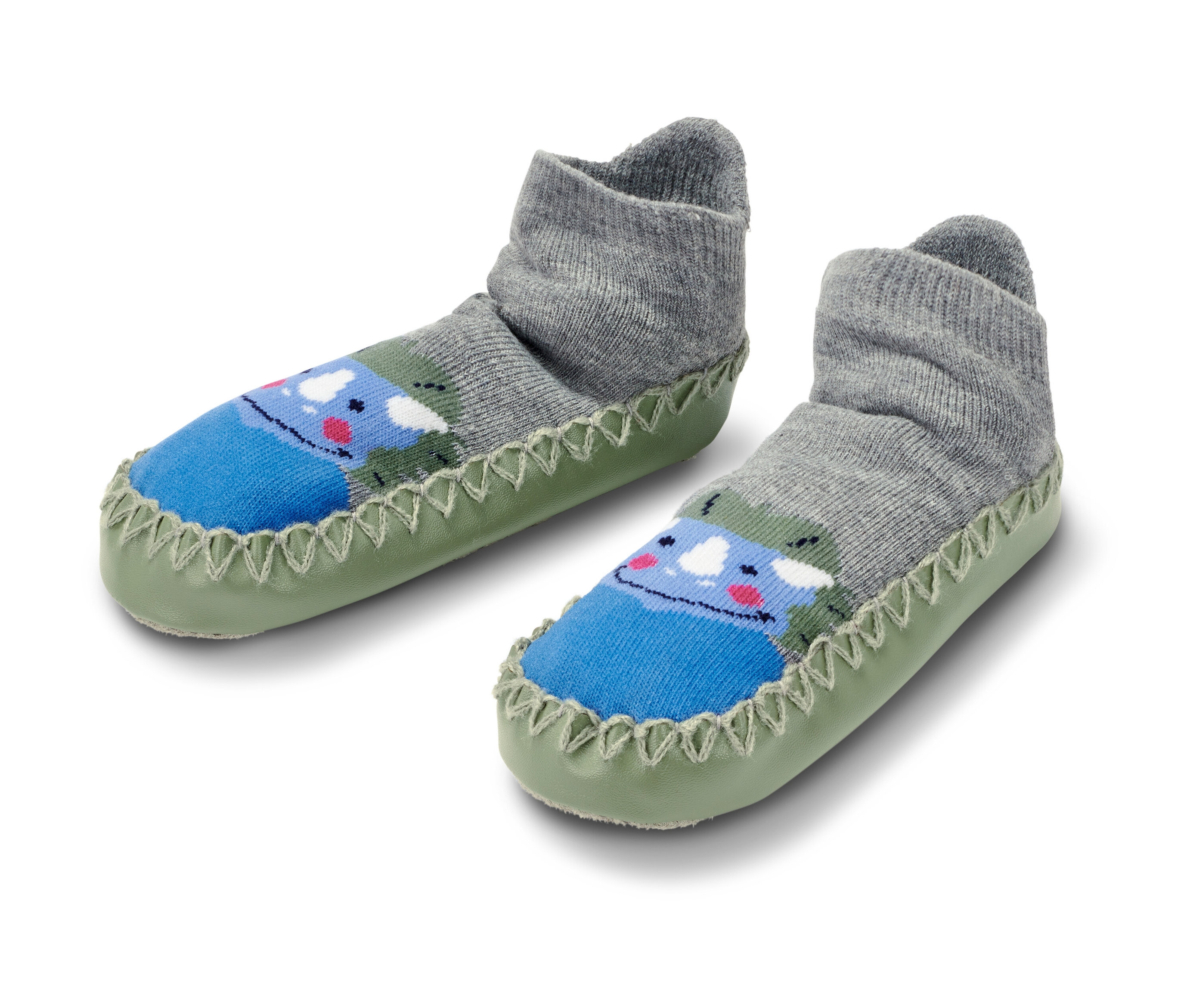 Deux chaussons-chaussettes pour enfant avec un motif de dinosaure.
