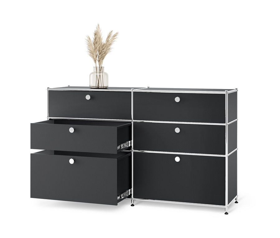 Commode en métal « CN3 » noire avec 6 tiroirs dont deux ouverts.