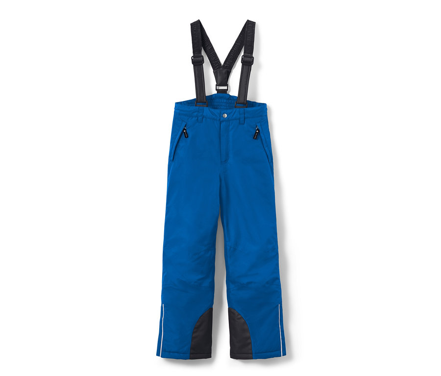 Pantalon de ski bleu pour enfant avec des pièces rapportées noires et des bretelles noires.