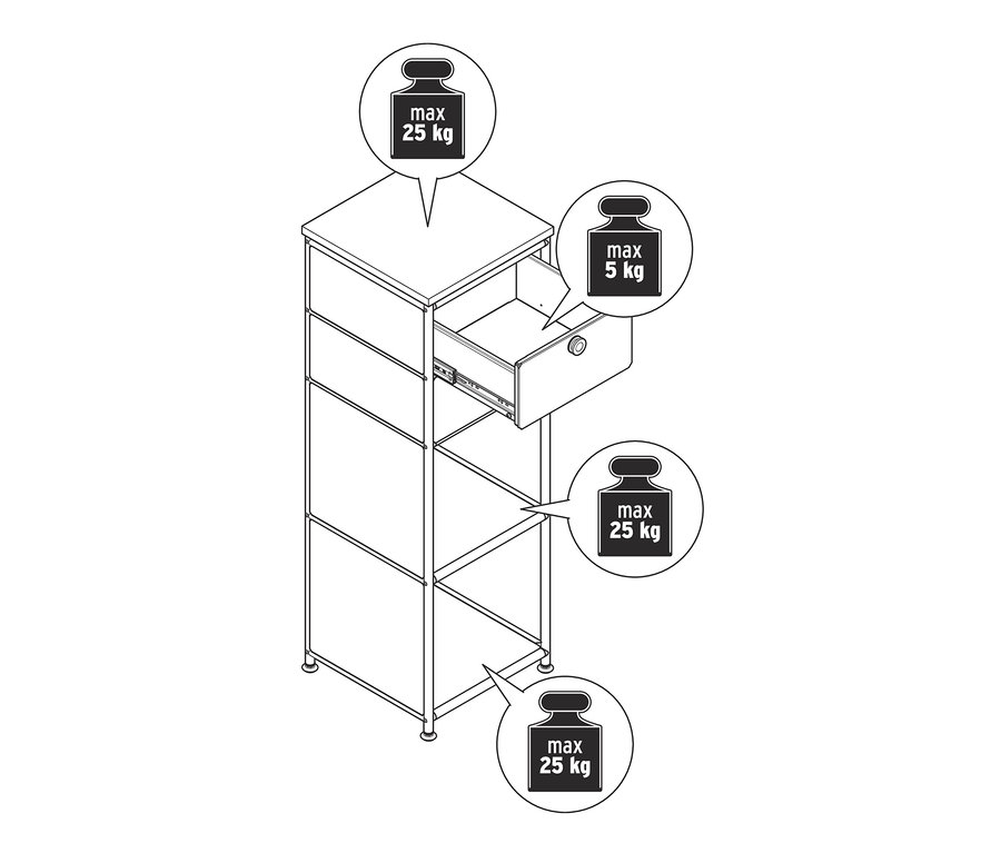 Dessin d'une commode étroite en métal « CN3 » blanche avec plateau en bois et 2 tiroirs, dont un tiroir est ouvert.