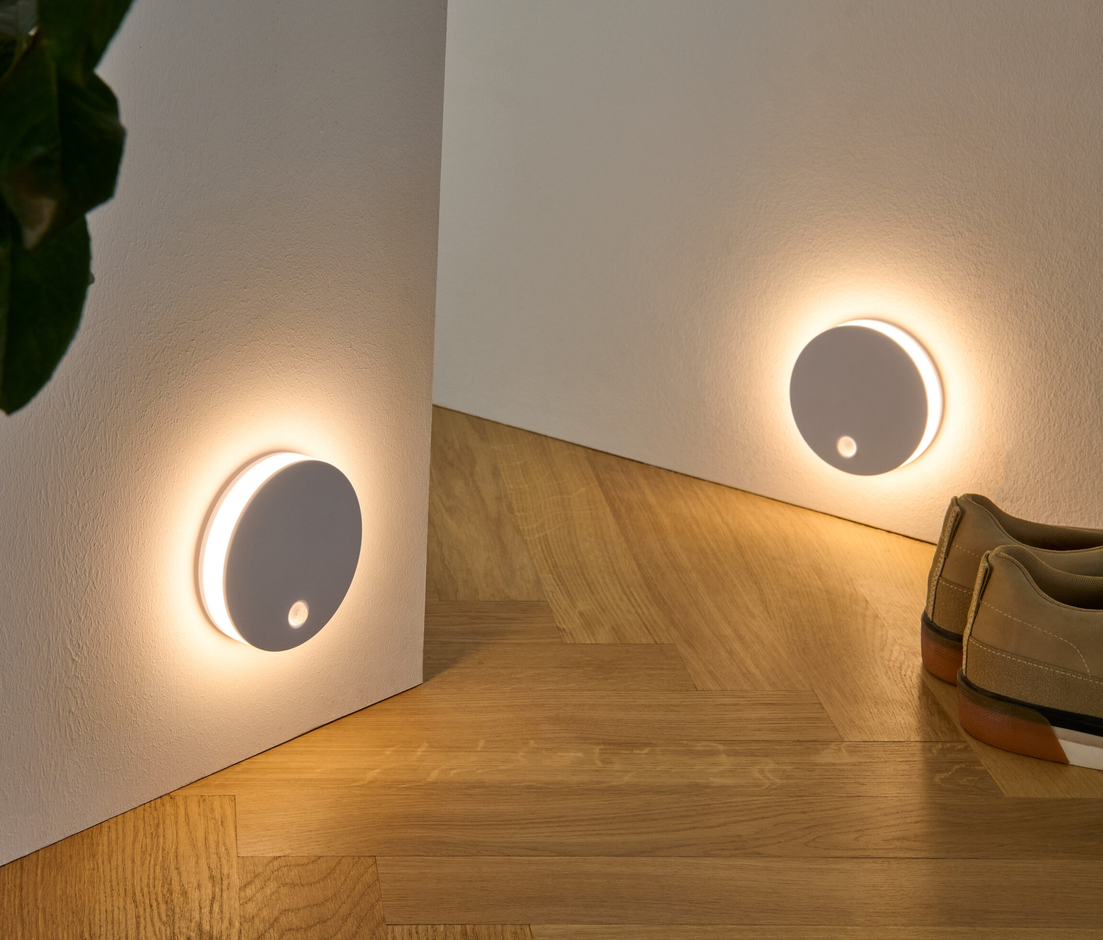 Deux éclairages multifonction à LED sont fixés au mur, avec une plante dans un panier en osier et des chaussures sur un plancher en bois.