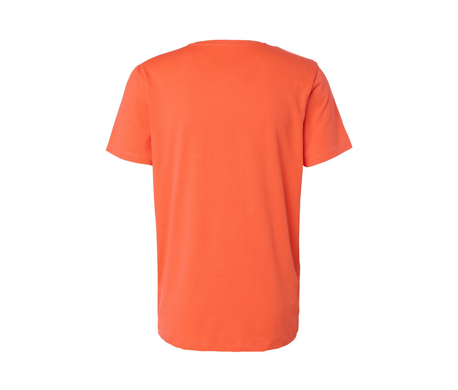 Vue détaillée de l'arrière d'un t-shirt imprimé orange.