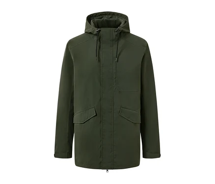 Parka fonctionnelle verte avec capuche et poches.