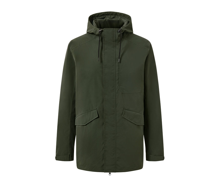 Parka fonctionnelle verte avec capuche et poches.