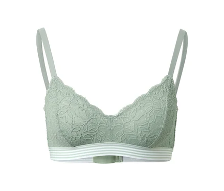 Un soutien-gorge souple vert avec bordure en dentelle.
