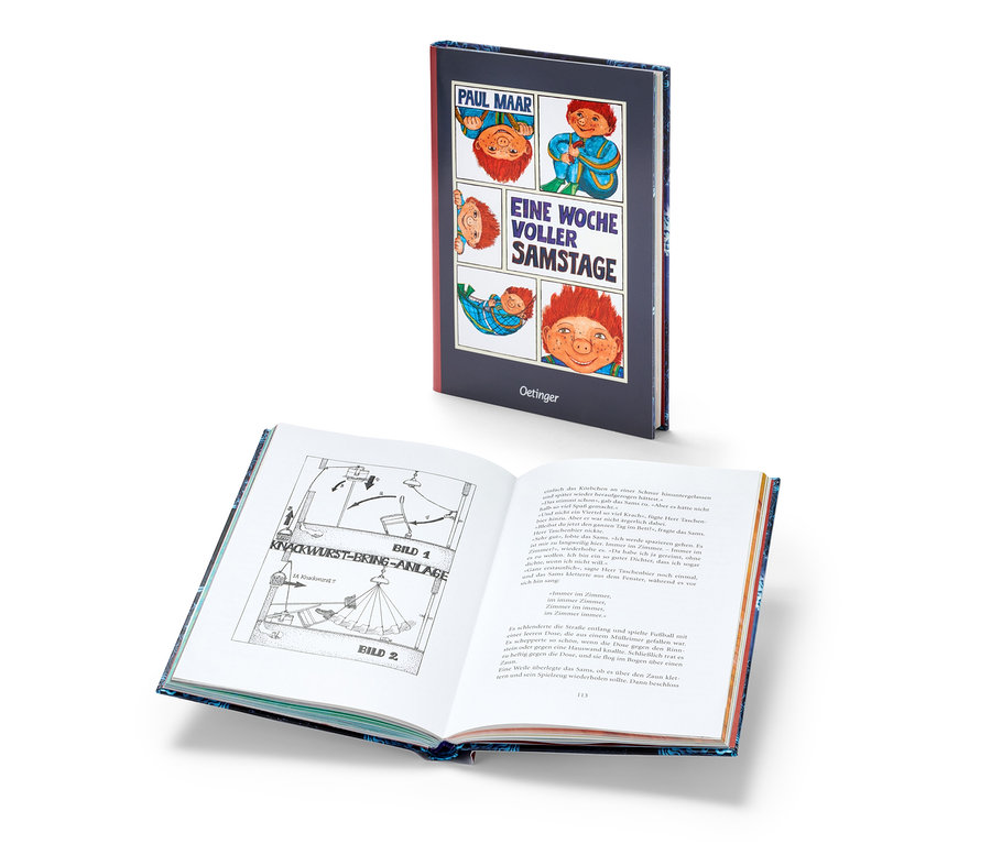 Livre « Das Sams – une semaine pleine de samedis » et un livre ouvert avec des illustrations.