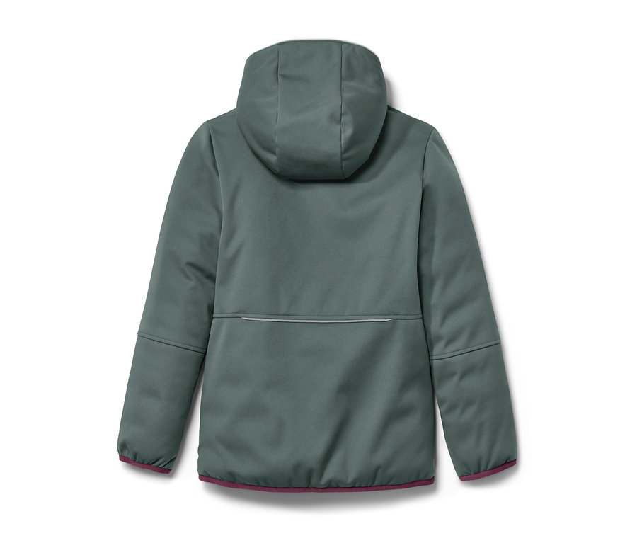 Vue arrière d'une veste matelassée et softshell 2 en 1 pour enfant, vert-gris avec capuche et ourlet violet.
