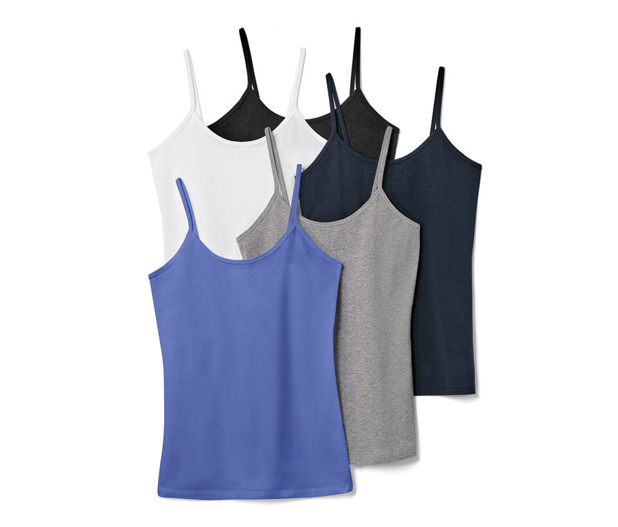 Cinq débardeurs à bretelles fines en bleu, gris, noir et blanc.