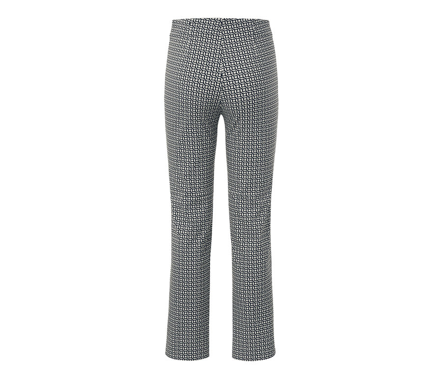 Pantalon stretch bleu marine avec un motif géométrique.