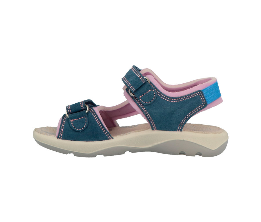 Sandale Lurchi Jeans bleu et rose sur fond blanc.