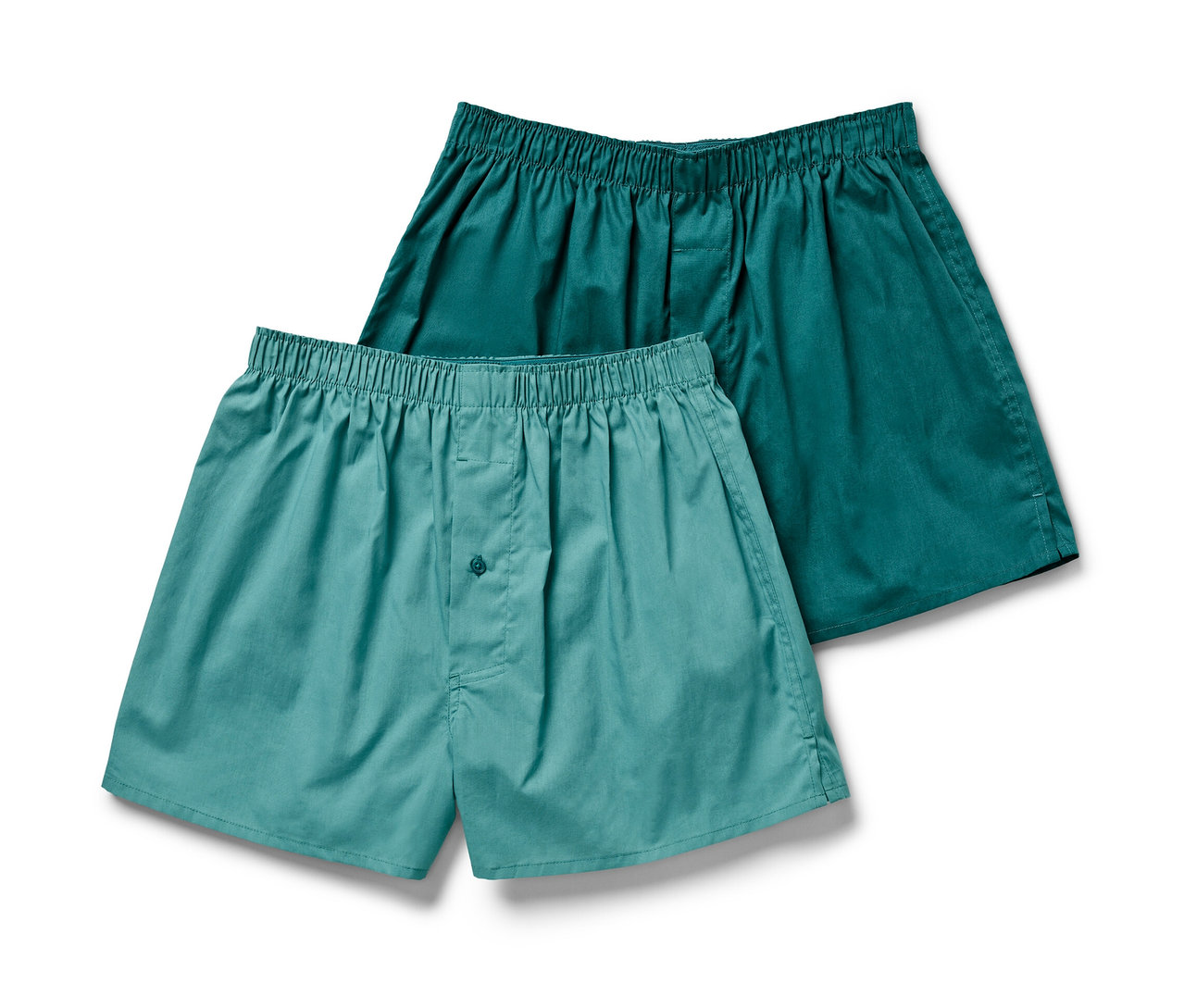 Deux boxers tissés, un turquoise clair avec un bouton, l'autre turquoise foncé.
